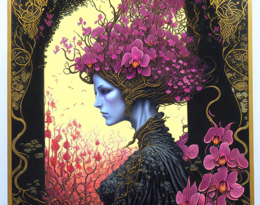 Elaborate tree-like hair portrait with pink flowers on golden background
