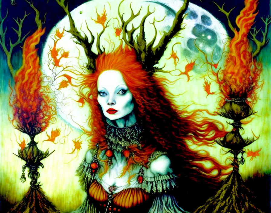 Fantastical image of woman with red hair and pale skin in mystical forest setting