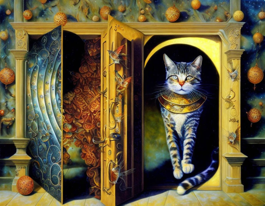 Surreal cat art: feline in collar exits golden door, orbs and open doors in backdrop