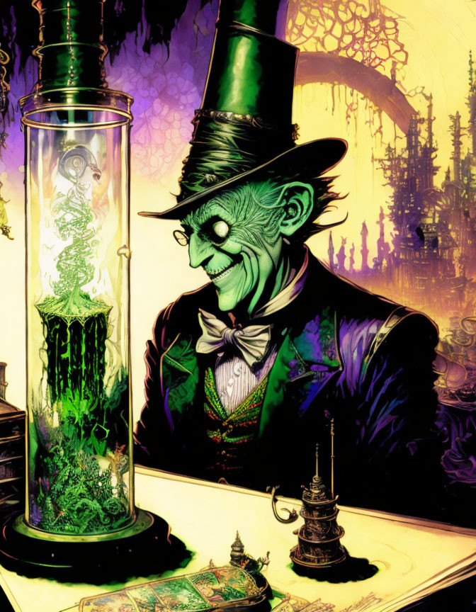 Grinning character in top hat with green face beside swirling green substance in cylinder against gothic backdrop