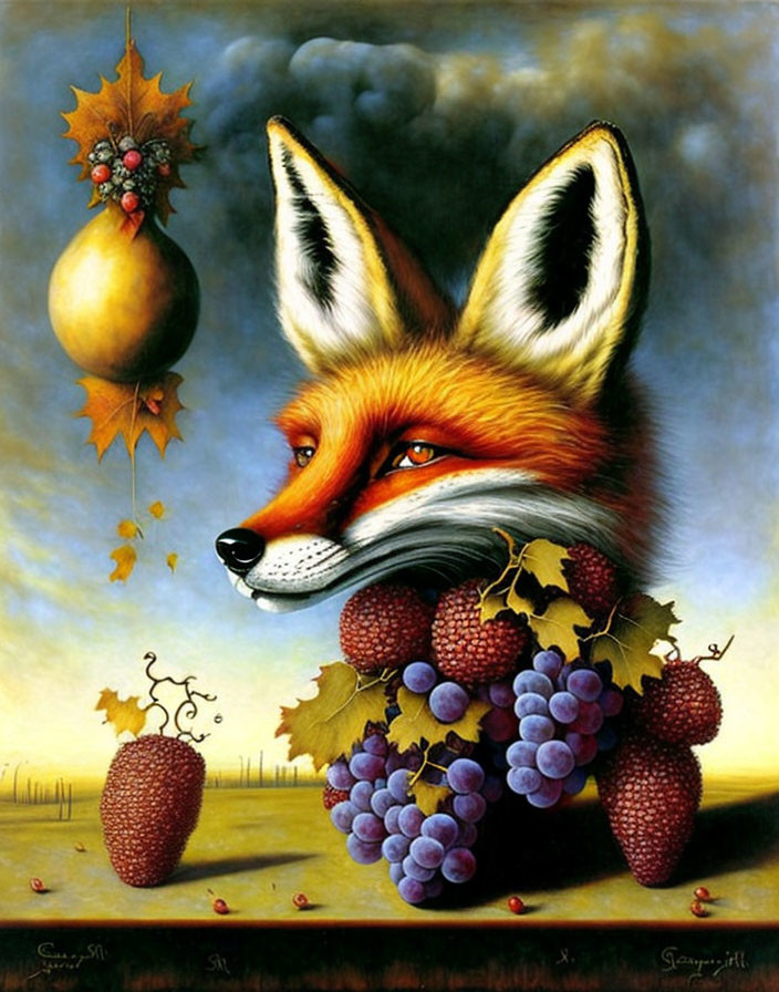 Vibrant fox painting with purple grapes on whimsical backdrop