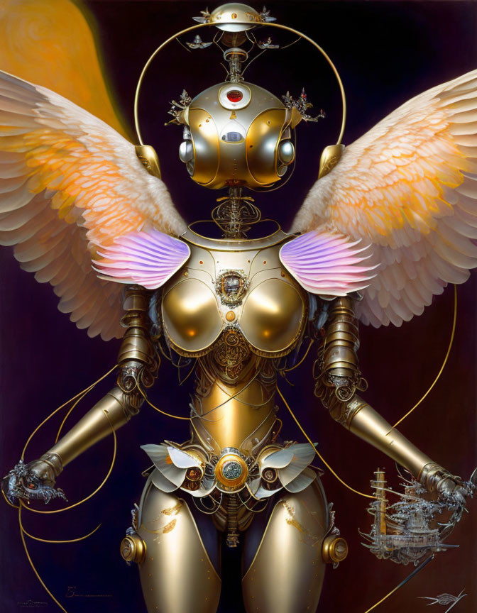 Golden Steampunk-Style Angelic Robot with Mechanical Wings and Floating Objects