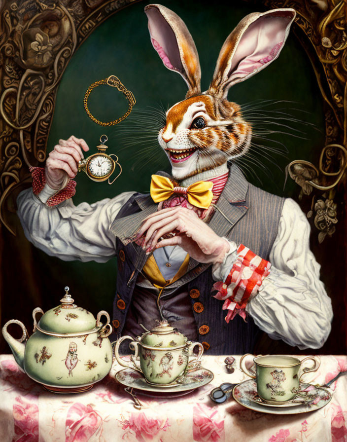 Elegant anthropomorphic rabbit with pocket watch and teapots