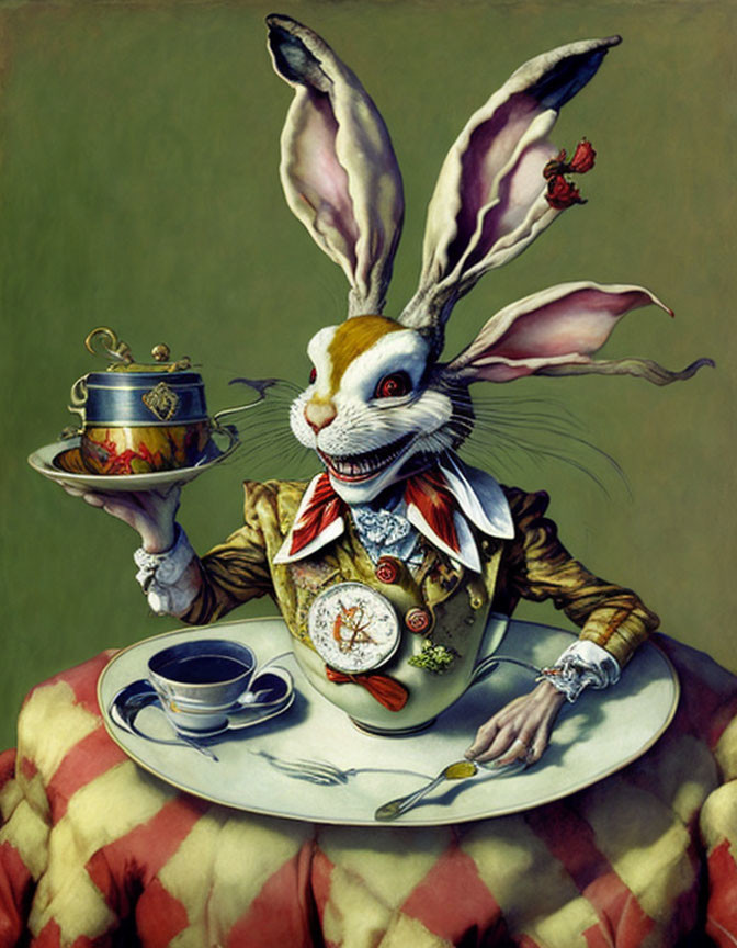 Anthropomorphic rabbit in formal attire serves tea with pocket watch, reminiscent of a character from Alice in