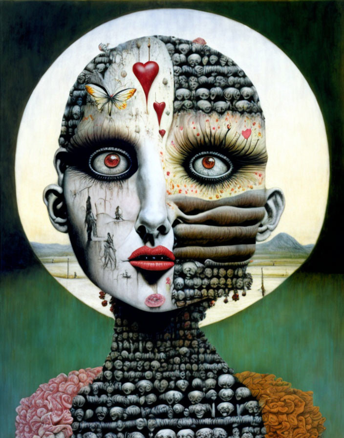 Split-face surreal portrait of female figure with teardrop and myriad eyes, crowned by butterfly