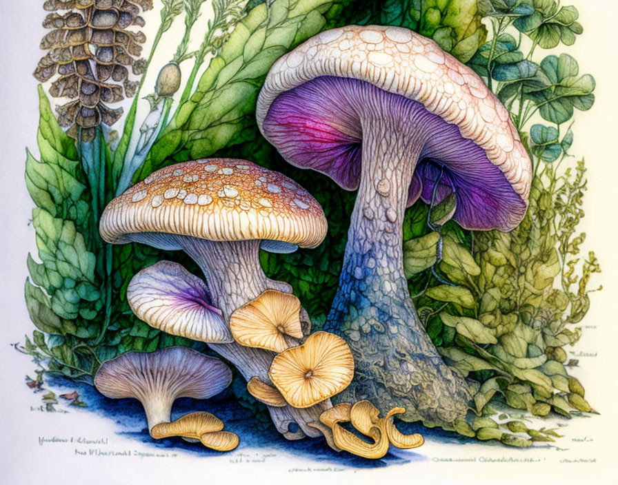 Detailed Mushroom Illustration Surrounded by Foliage