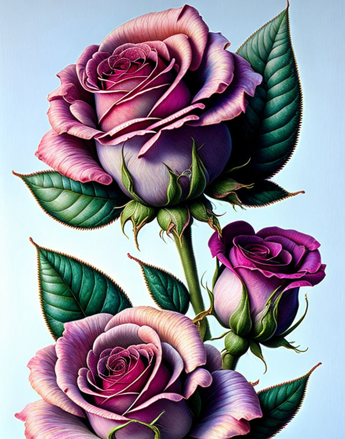 Detailed Purple Roses Illustration on Blue Background