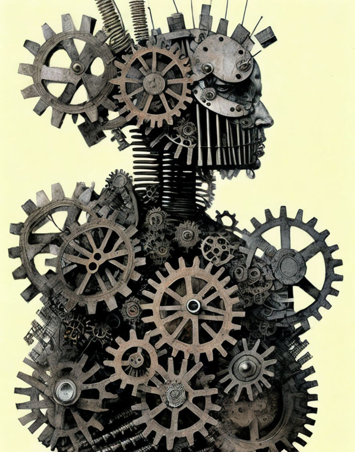 Human profile made of interlocking gears and mechanical parts symbolizing complexity and industry