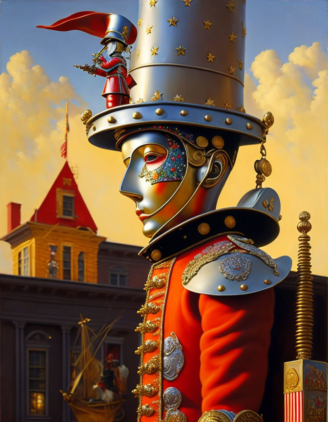 Surreal humanoid figure with tower head, boat, soldier, stars, classic architecture under blue sky