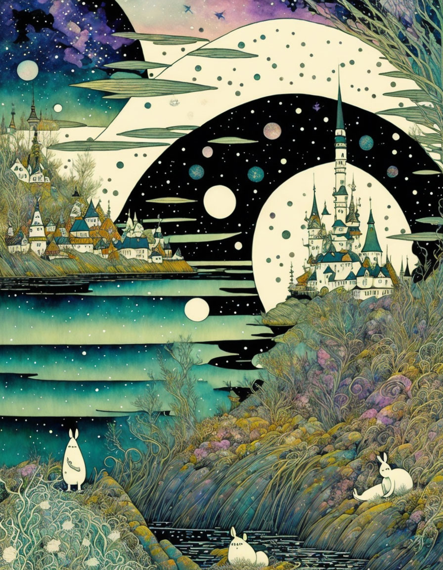 Colorful landscape with village, castle, celestial bodies, and rabbit-like creatures near riverbank