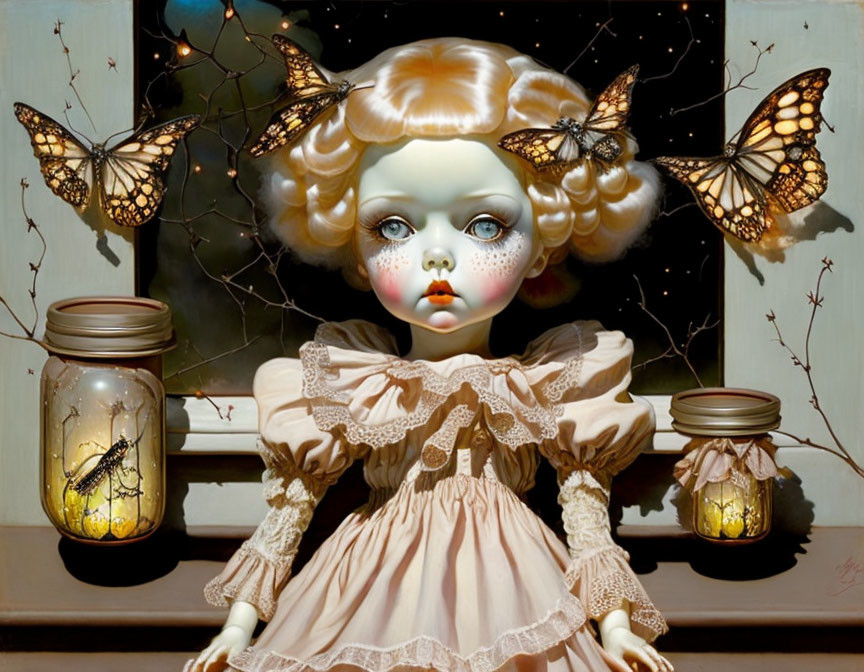 Doll-like figure with large eyes in surreal vintage scene