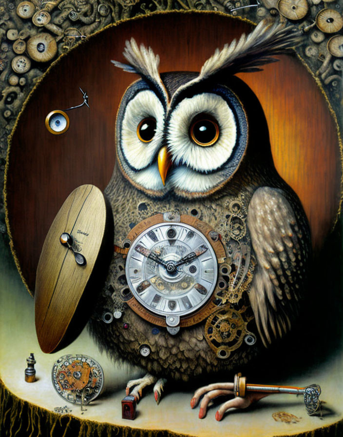 Steampunk owl art with clockwork body and gears