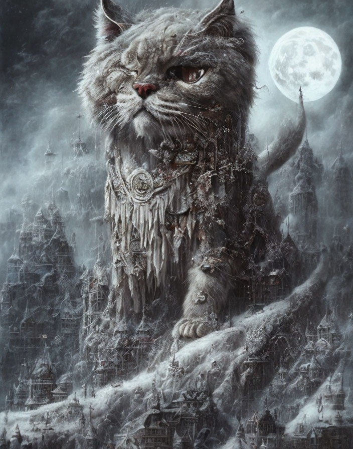 Giant stern cat with red eyes overlooking snowy medieval city