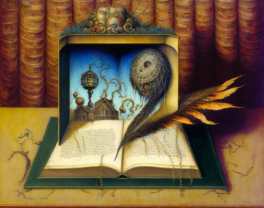 Surreal open book with planet, house, feathers, and ornate bookshelves