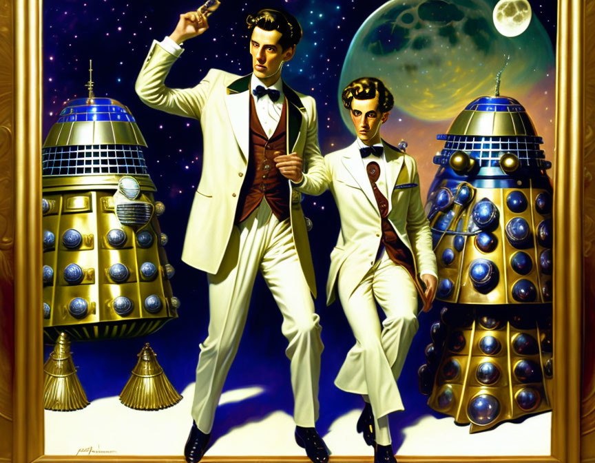 Men in white suits and bow ties with Daleks in cosmic setting.