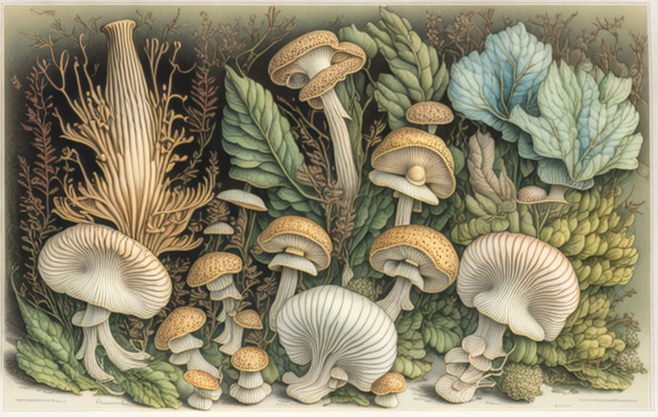 Detailed Mushroom Illustration Among Intricate Plants and Foliage