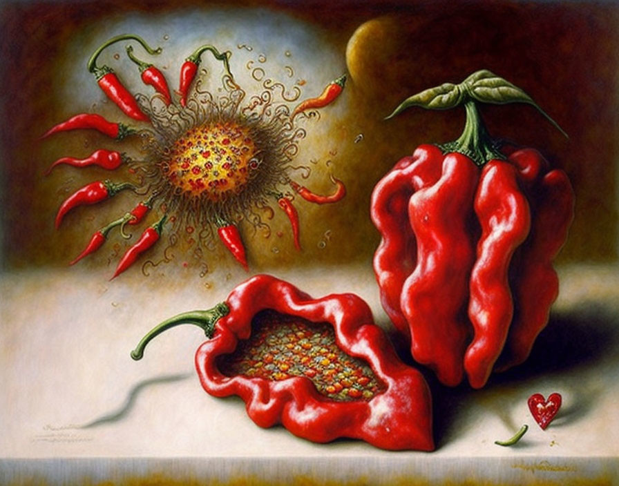 Surreal painting of intact and opened bell peppers with sun-like core