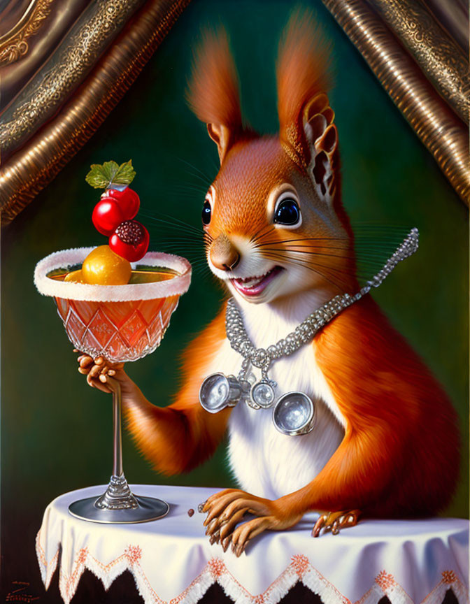 Whimsical painting of squirrel with pearl necklace serving cocktail on lace table