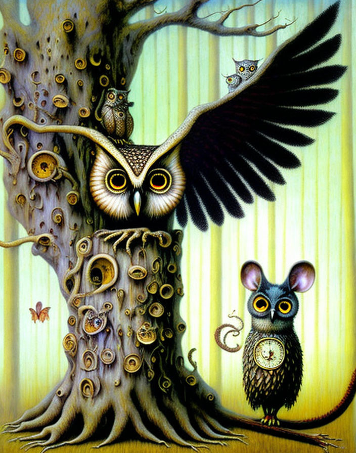 Stylized owl in flight with owl faces by tree and whimsical mouse with clock belly