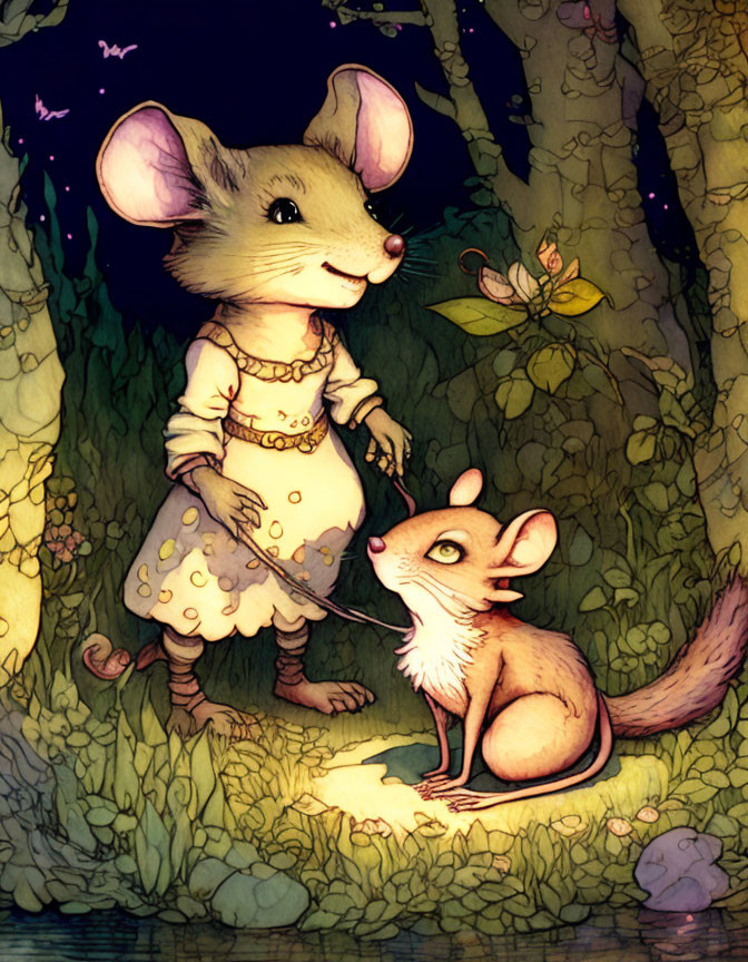 Anthropomorphic mice in whimsical forest with glowing butterflies