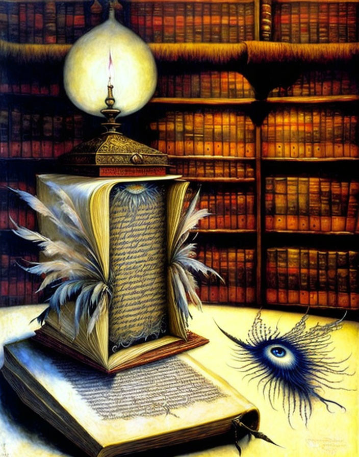 Open book with feathered pages, lit lamp, bookshelves, and magical eye on desk.