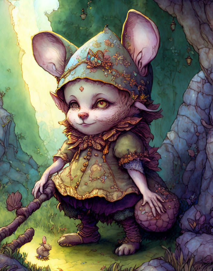 Anthropomorphic Mouse in Fancy Clothes Holding Basket in Lush Forest