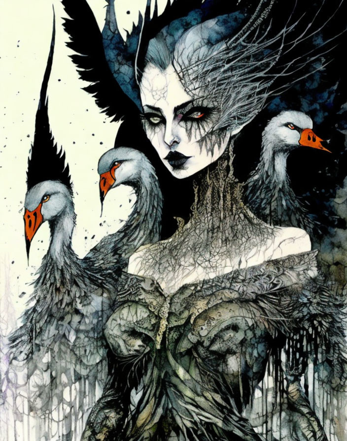 Illustration: Woman with pale skin, red eyes, dark headwear, and three intense geese