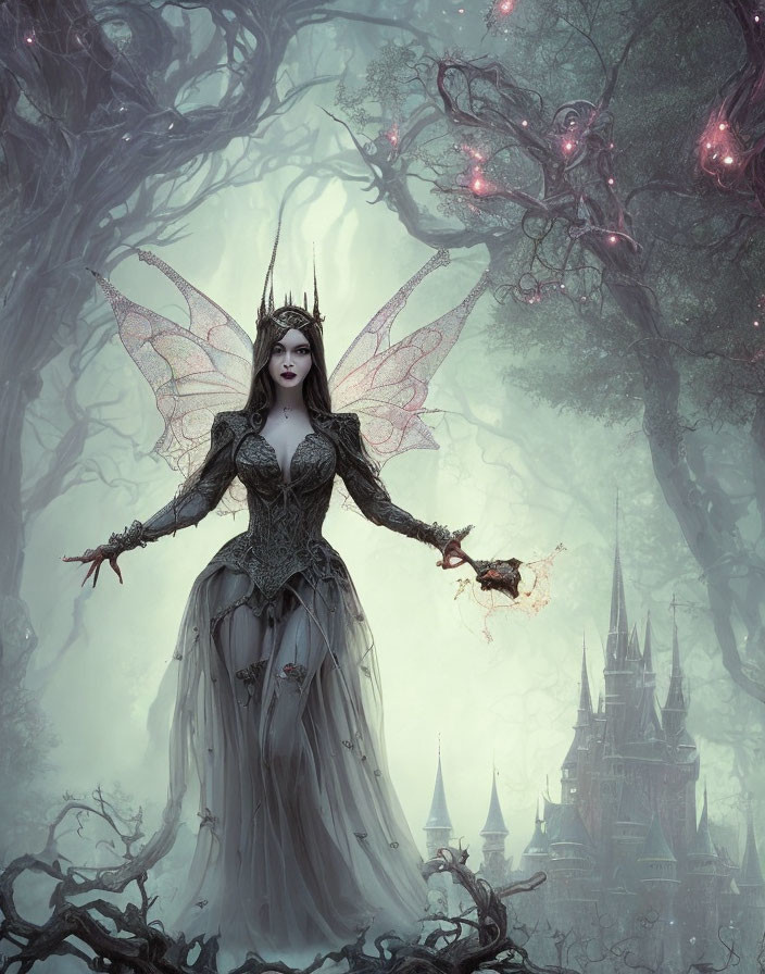 Gothic fairy with large wings in mystical forest with orbs and dark castle