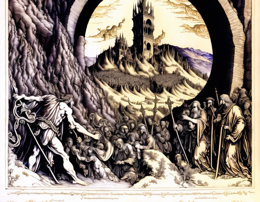 Fantasy artwork with robed figures, archway, castle, and mountains