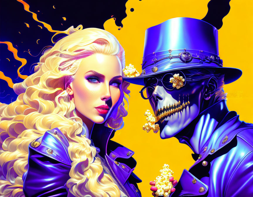 Colorful digital art featuring blonde woman and skeletal figure in top hat on yellow background