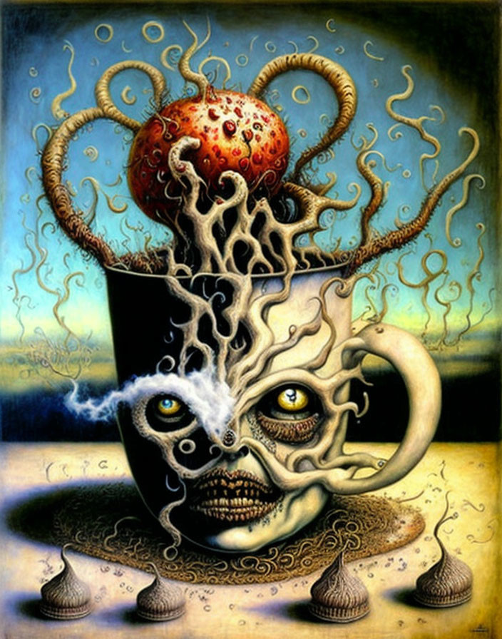 Surreal artwork: cup with face, tentacle-like steam, floating pomegranate,
