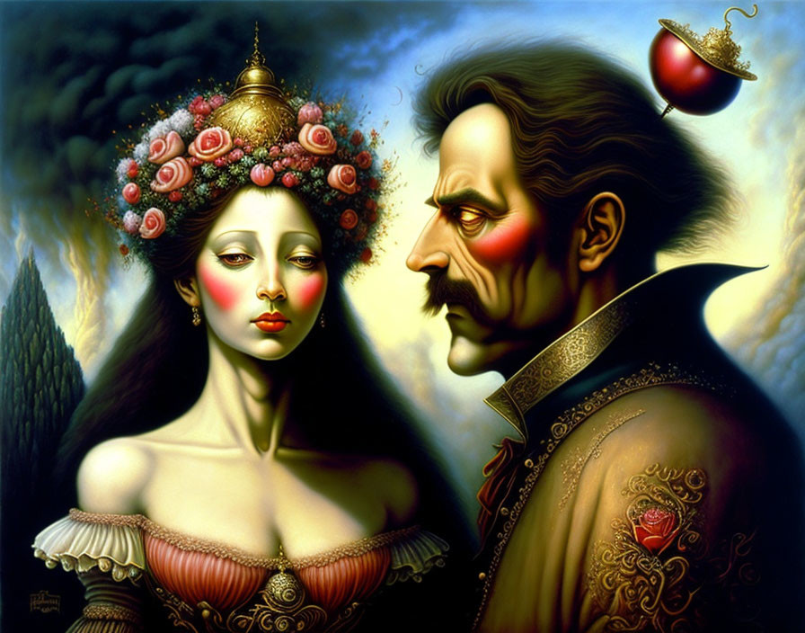 Exaggerated surreal portrait of a woman and man with elaborate features