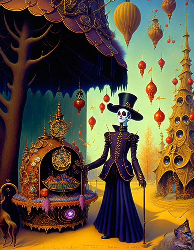 Colorful surreal painting of skull-faced figure in navy outfit with cart, trees, lanterns, and
