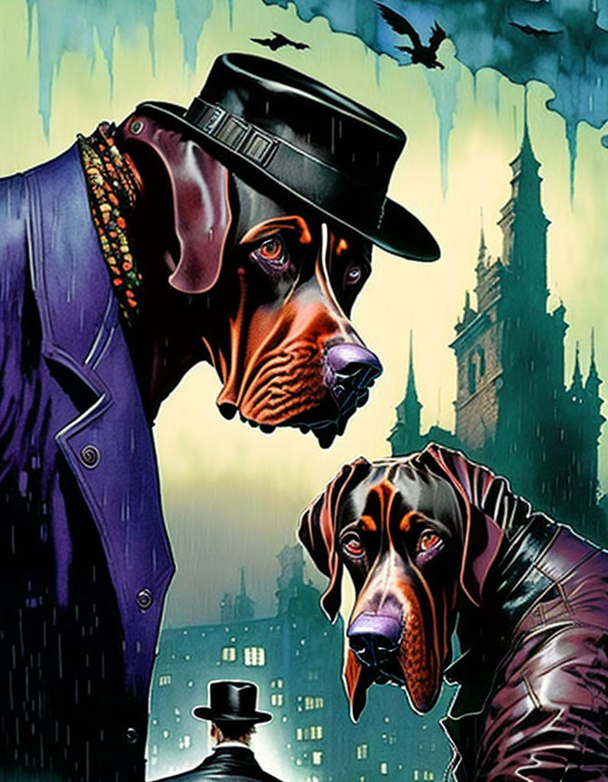 Anthropomorphic dogs in stylish attire against gothic city backdrop