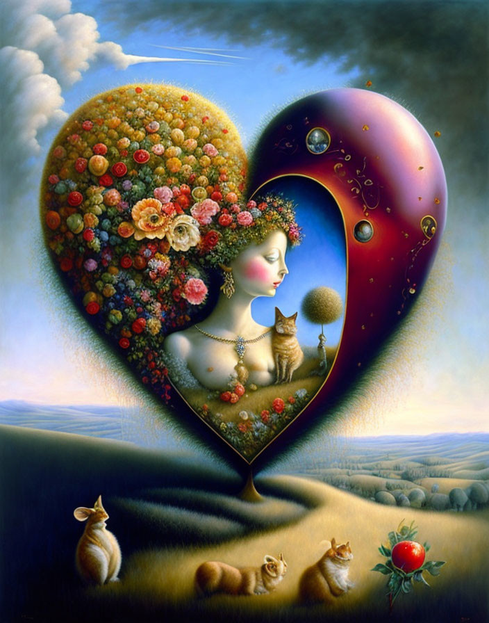 Surreal woman's profile in heart with animals and apple in pastoral scene