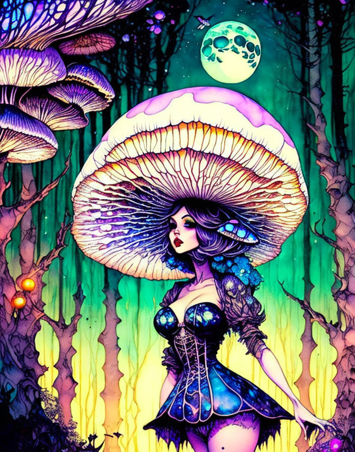 Stylized woman with mushroom-like hair in glowing fantasy forest