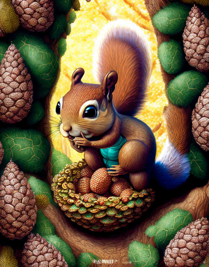 Colorful anthropomorphic squirrel in teal shirt amid lush greenery and pine cones under radiant sunlight