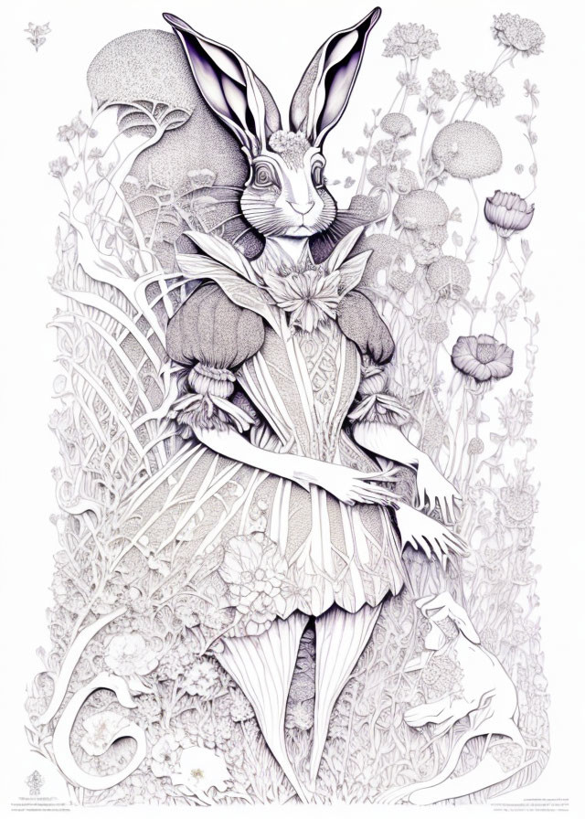 Detailed black and white illustration of Victorian-dressed rabbit in floral setting
