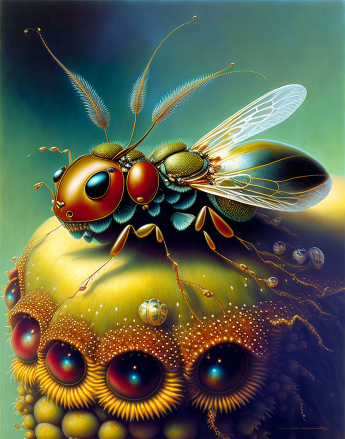 Detailed Bee Illustration on Textured Sphere with Colorful Eyes
