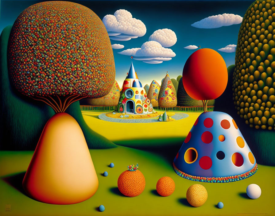 Vibrant fairytale landscape with castle, polka-dotted hills, and stylized trees