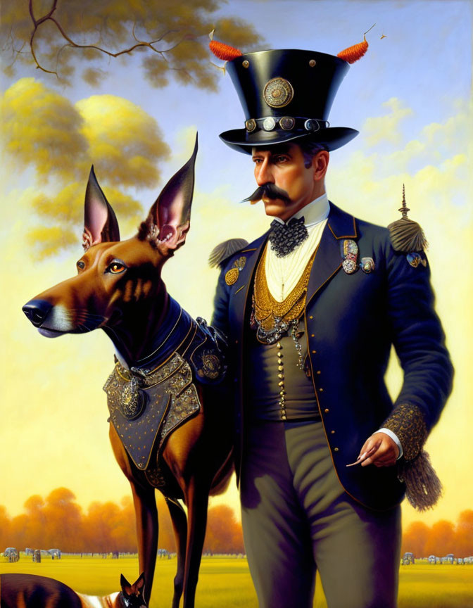 Surreal painting featuring man with mustache and Doberman in ornate attire