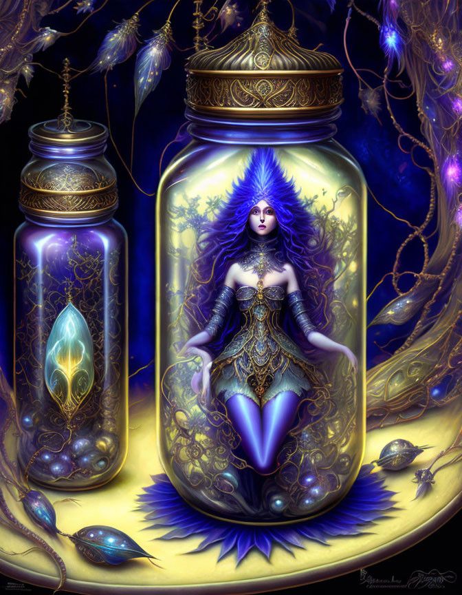 Fantastical digital artwork features woman in glass jar with glowing elements and ethereal flora
