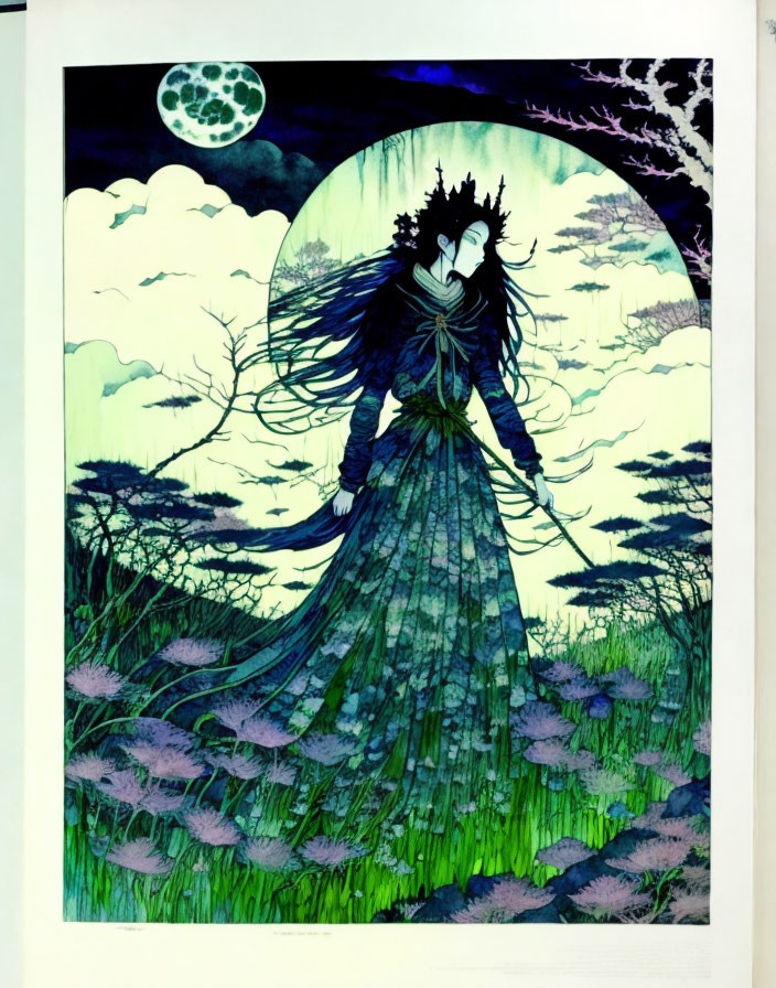 Illustration of figure in green dress under full moon surrounded by clouds and trees