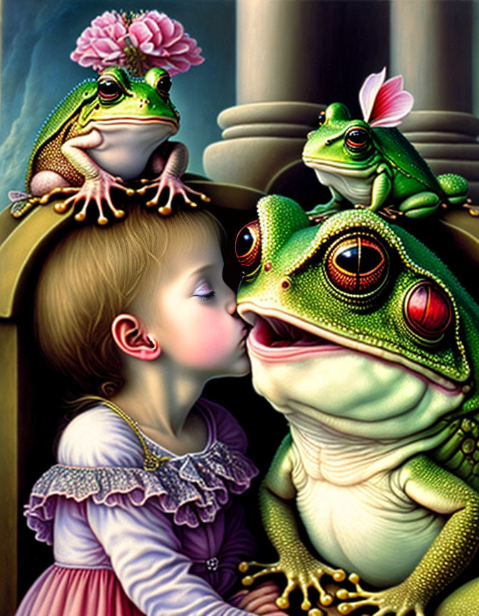 Young girl in purple dress kissing anthropomorphic frog with floral-adorned smaller frogs.