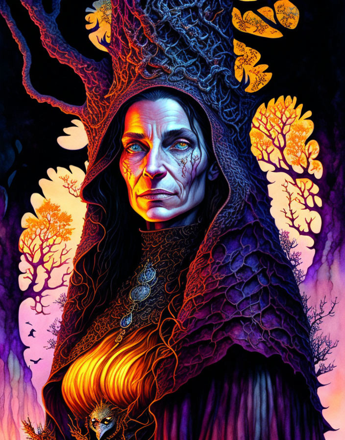 Mystical woman with tree branch antlers in dark robes against vibrant night sky.