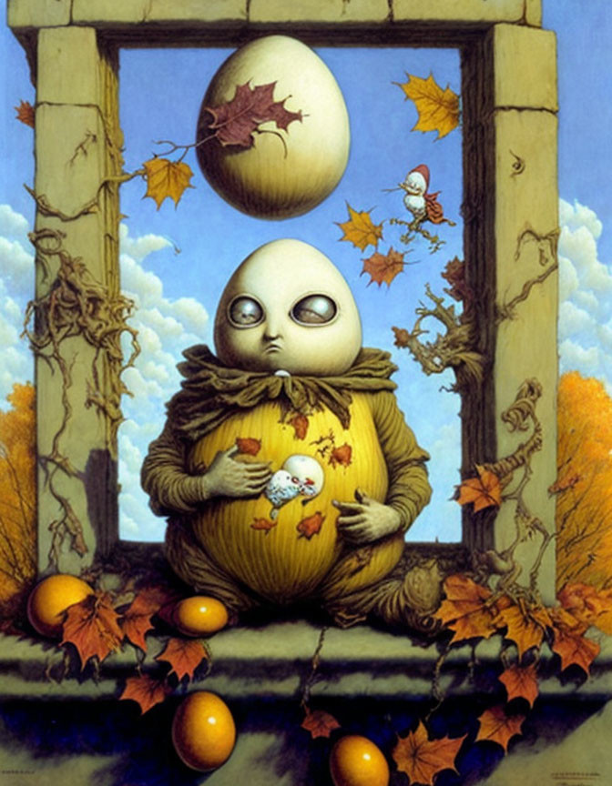 Fantasy illustration of alien creature in pumpkin with fallen leaves and oranges