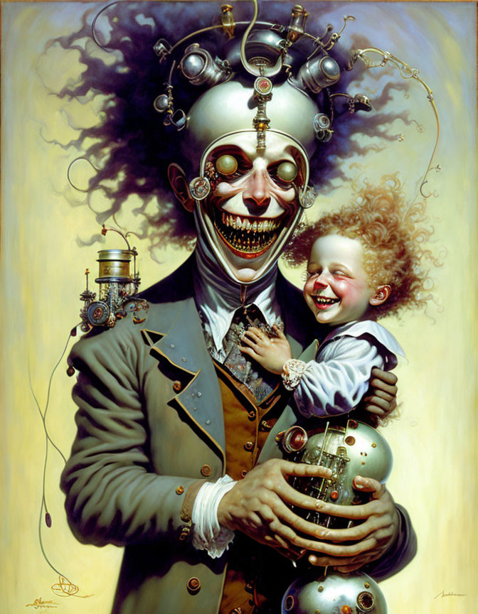 Surreal illustration of smiling mechanical man holding mechanical child