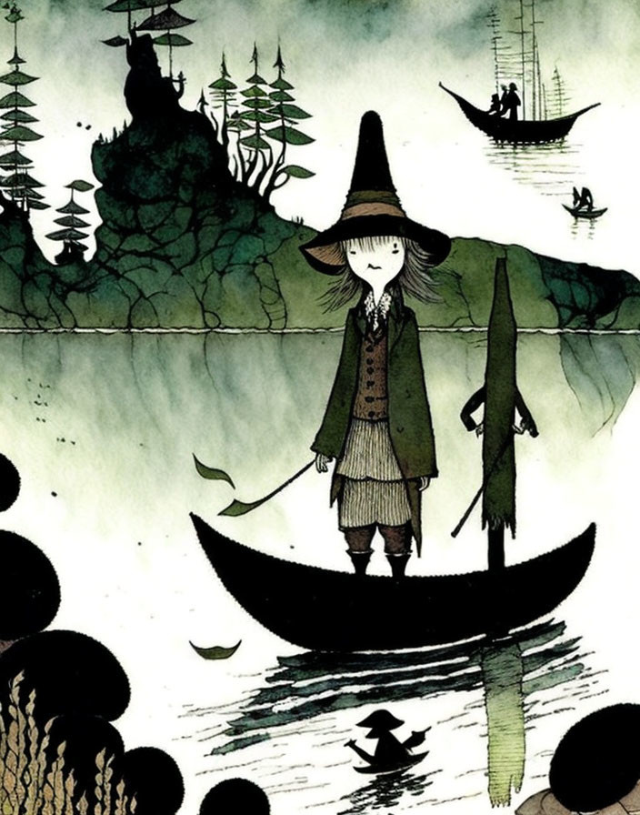 Illustrated character in witch's hat on boat in surreal, shadowy landscape