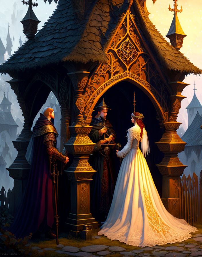 Fantasy wedding scene with bride, groom, and officiant at gothic chapel entrance