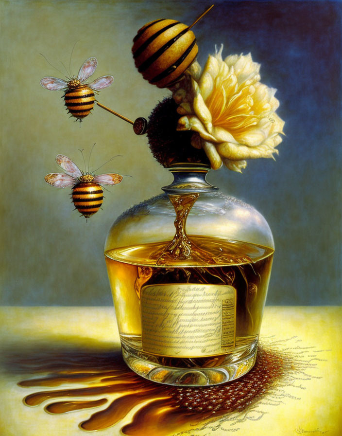 Surreal painting of bees with spheres flying around perfume bottle and flower on letter with spilled liquid and